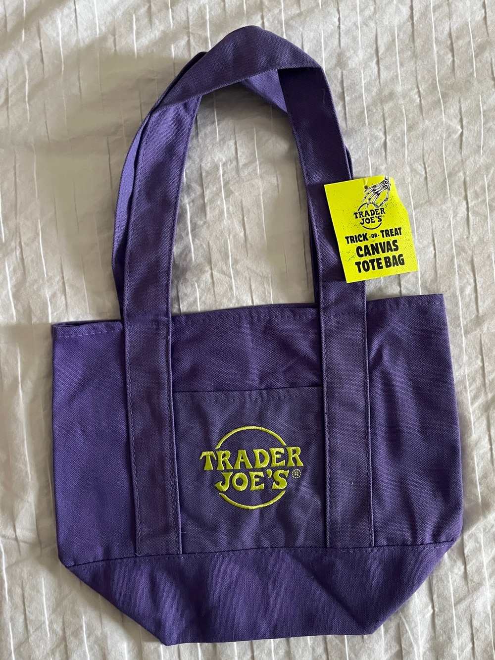 🎃 2026 NWT Trader Joe’s Purple + Lime Mini Canvas Tote Bag | Trick-or-Treat Fun